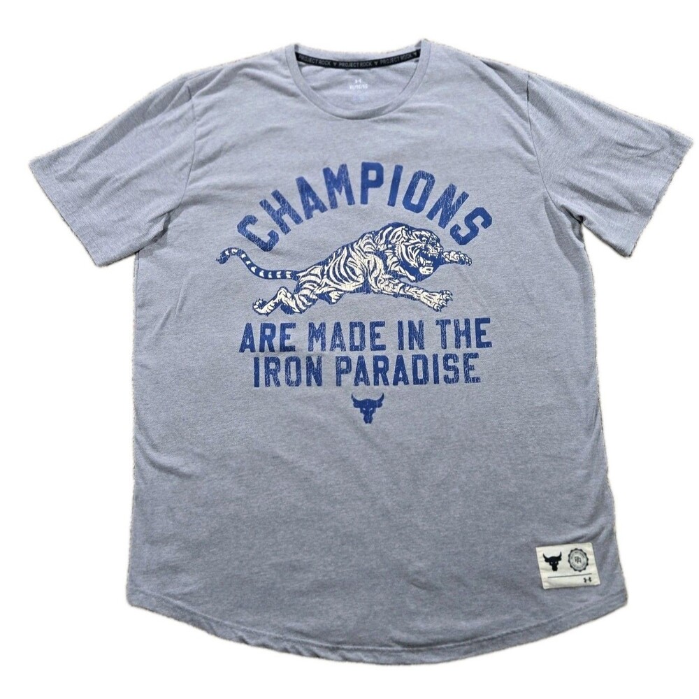 Under Armour Project Rock Champions Iron Paradise Tiger T Shirt Mens XL Gray